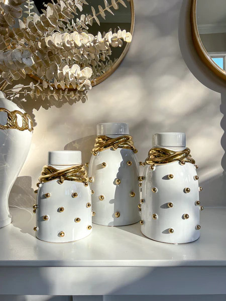 White Ceramic Gold Studded Lidded Jar with Elegant Gold Details (3 Sizes) | Inspire Me! Home Decor