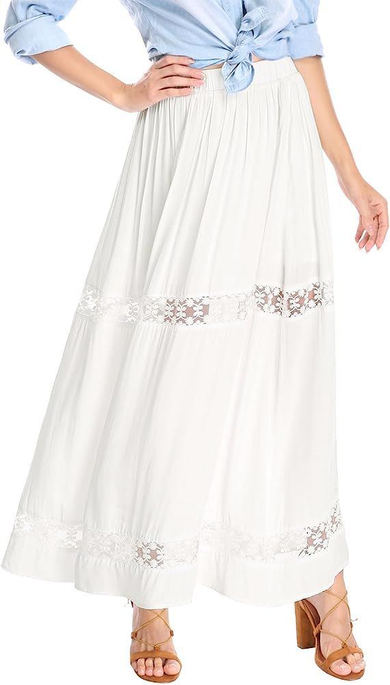 Allegra K Women's Long Skirts Elastic Waist Swing A-Line Lace Insert Maxi Skirt | Amazon (US)