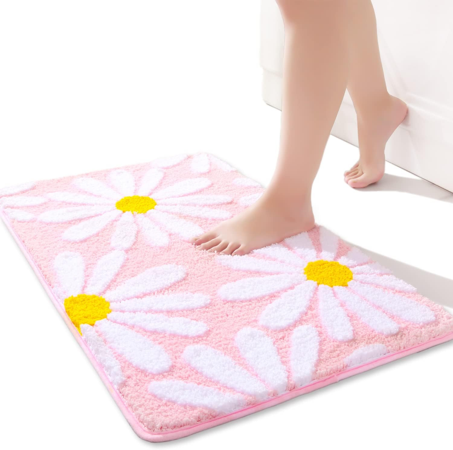 QJHOMO Pink Bathroom Rugs Cute Daisy Bath Mat White and Yellow Flower Decor Rug Non Slip Floor Ca... | Amazon (US)