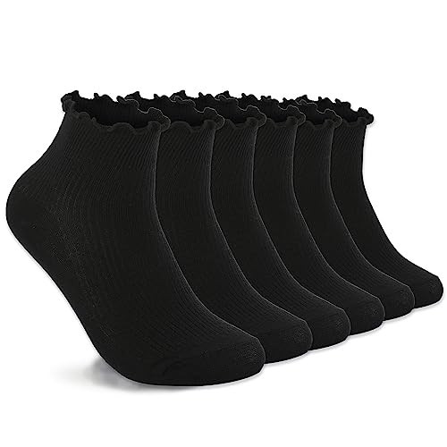DarkCom Frilly socks women pleated edge design, ruffle socks women super soft, ruffle socks deodorant and wearresistant, women's casual frilly socks 6 pairs black | Amazon (US)