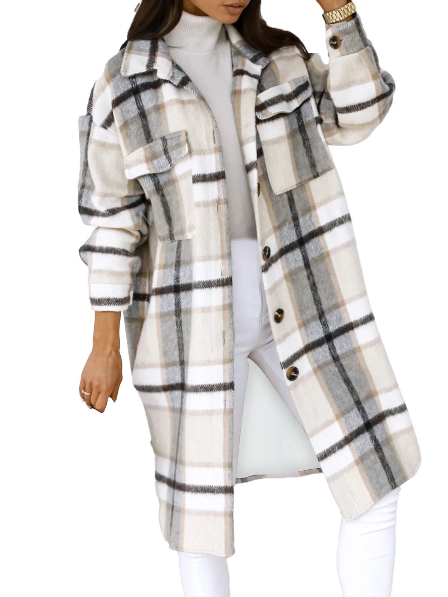 Calsunbaby Ladies Autumn Winter Long Coat Lapel Plaid Long Sleeve Casual Loose Single-breasted Th... | Walmart (US)