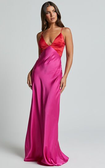 Quincy Maxi Dress - Contrast Panel Satin Slip Dress in Pink/Red | Showpo (US, UK & Europe)