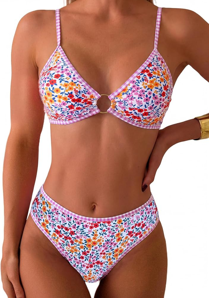 Tainehs Women's Two Piece Bikini Sets O Ring Front Top Ditsy Floral Triangle Swimsuits Cheeky Bat... | Amazon (US)