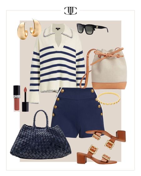These high waisted button shorts paired with the striped cotton sweater are a perfect crips and classic look for this summer. @saks #saks #sakspartner

High waisted shorts, button shorts, sailor shorts, sweater, striped sweater, tote, block sandals, sunglasses, casual outfit, spring outfit, summer outfit, travel outfit. 

#LTKshoecrush #LTKstyletip #LTKover40