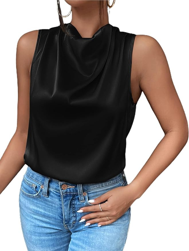 Avanova Women's Sleeveless Satin Blouses Casual Draped Neck Ruched Front Tank Tops | Amazon (US)