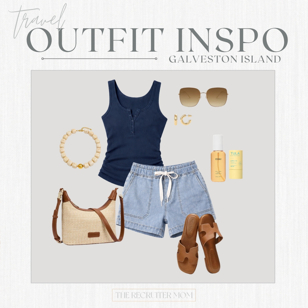 Easy, breezy, and made for island days y'all ⚓️ A navy tank + pull-on denim shorts is that throw-on-and-go travel combo, dressed up with a little raffia and gold. Galveston, we're coming for you ☀️

#LTKSeasonal #LTKOver40 #LTKTravel