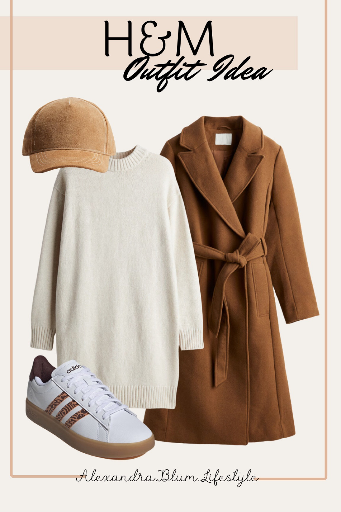 Casual fall outfit from H&M! Oversized sweater dress paired with a beautiful brown Carmel tie front coat! I styled this down with adidas sneakers and a tan baseball cap! 

#LTKSeasonal #LTKFindsUnder100 #LTKShoeCrush
