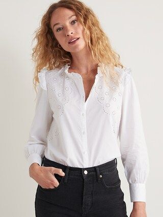 Collarless Ruffle-Trimmed Embroidered Button-Down Shirt for Women | Old Navy (US)