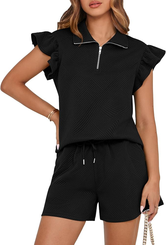 BTFBM Women's 2 Piece Outfits Sweatsuit Zipper V Neck Casual Ruffle Short Sleeve Tops and Drawstr... | Amazon (US)