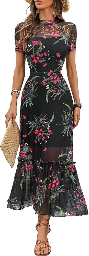 GothDark Women's Summer Floral Mesh Ruffle Dress Short Sleeve Round Neck Waist Cinched Casual Max... | Amazon (US)