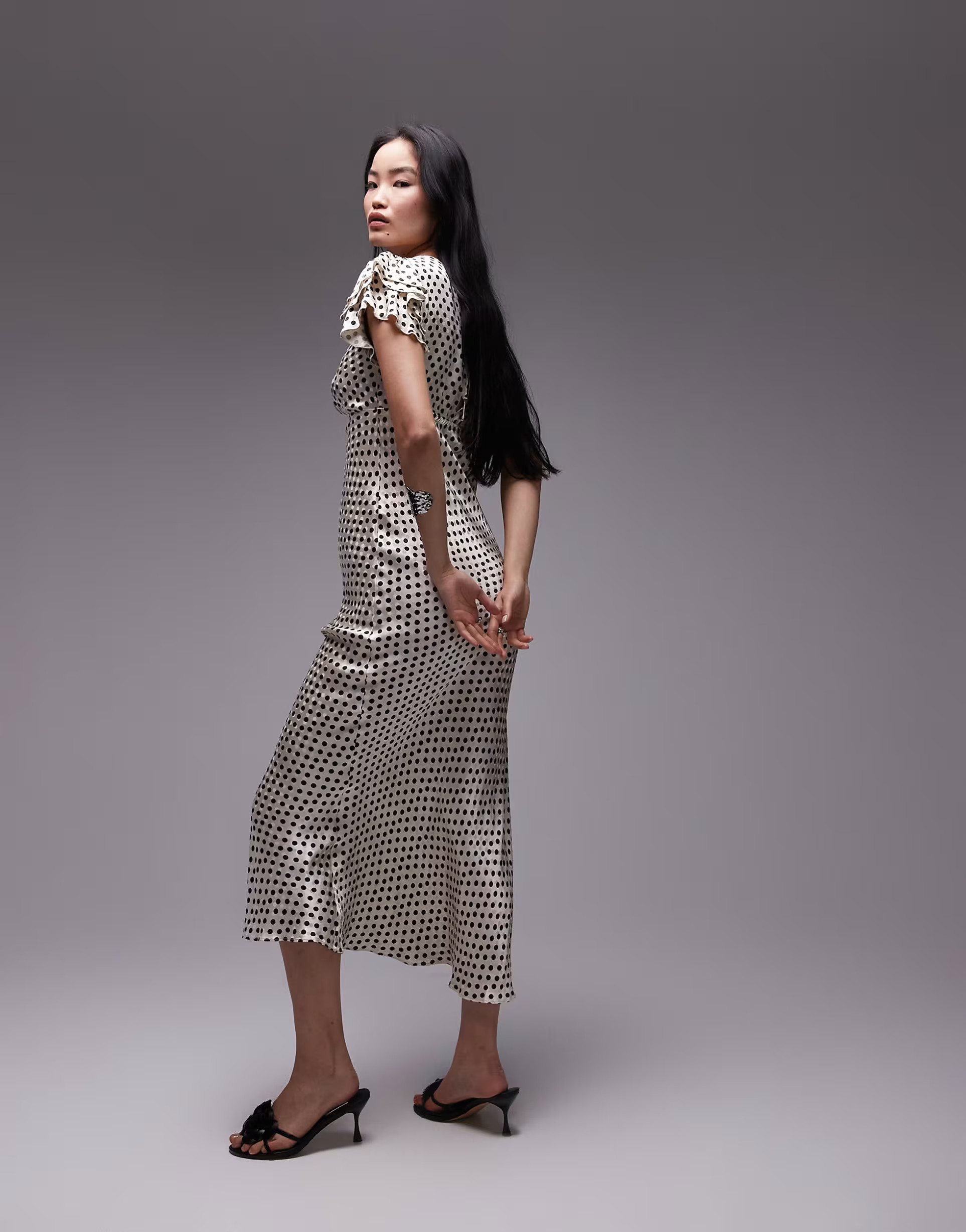 Topshop flutter sleeve maxi occasion dress in mono spot jacquard | ASOS (Global)