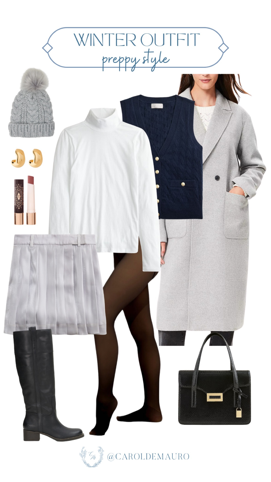 Make the most out of the winter season by wearing a preppy look that gives off cutesy and demure vibes! A white turtleneck long-sleeve top layered with a navy blue vest, gray pleated mini skirt, and a gray long coatigan. Wear black tights and knee-high leather boots for some edge.
#winteraccessories #ootd #monochromestyle #petitefashion

#LTKSeasonal #LTKStyleTip #LTKShoeCrush