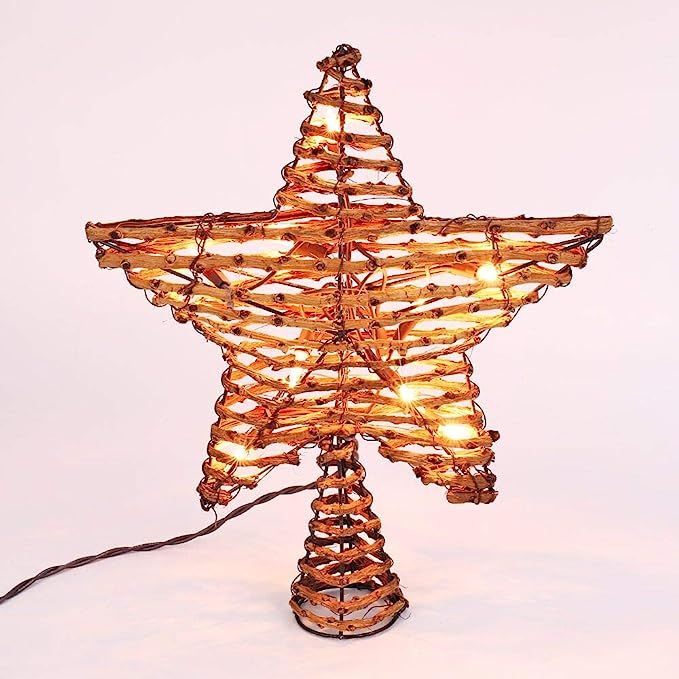 Brizled Christmas Tree Topper, 12-inch Rattan Star Treetop with 10 Warm White Lights, 120V UL Cer... | Amazon (US)