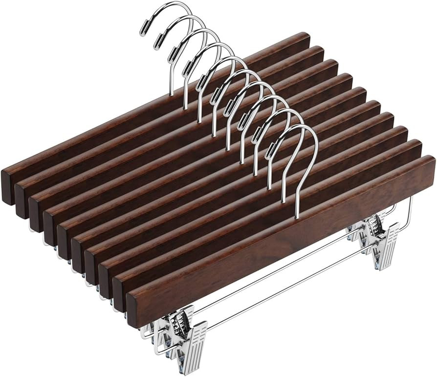 AMKUFO 20pcs Wooden Pants Hangers Solid Pants Hangers with Adjustable Clips 14 Inch Walnut Wood S... | Amazon (US)