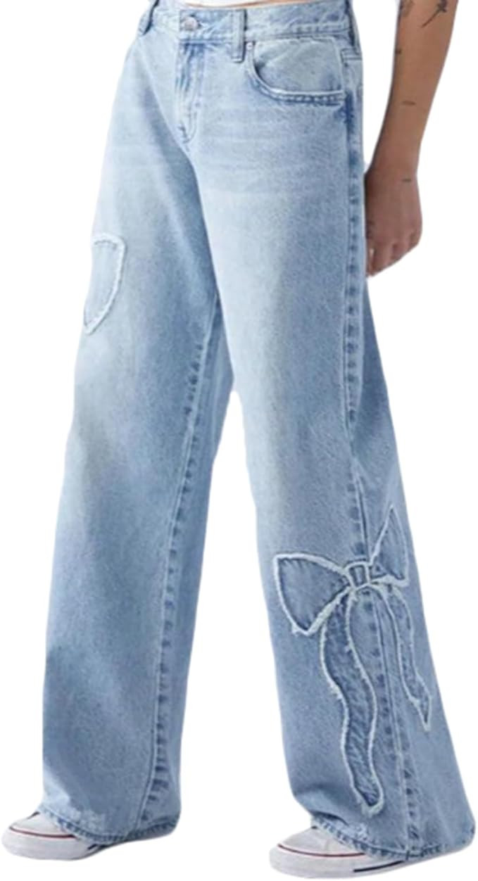 CORIRESHA Women's Straight Leg Frayed Edge Bow-Tie Embroidery High Rise Loose Denim Jeans | Amazon (US)