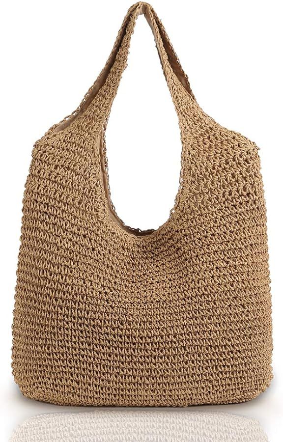 QTKJ Hand-woven Soft Large Straw Shoulder Bag Boho Straw Handle Tote Retro Summer Beach Bag Ratta... | Amazon (US)