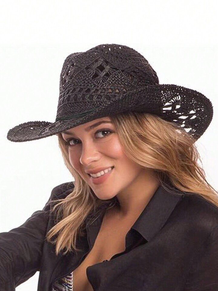 1pc Vintage Hollow Out Straw Cowboy Hat With Wide Brim, Anti-UV Sun Protection, Classic Fashionab... | SHEIN