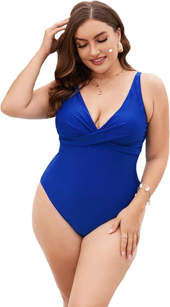 Floerns Women's Plus Size Wrap V Neck Ruched Monokini One Piece Swimsuit | Amazon (US)