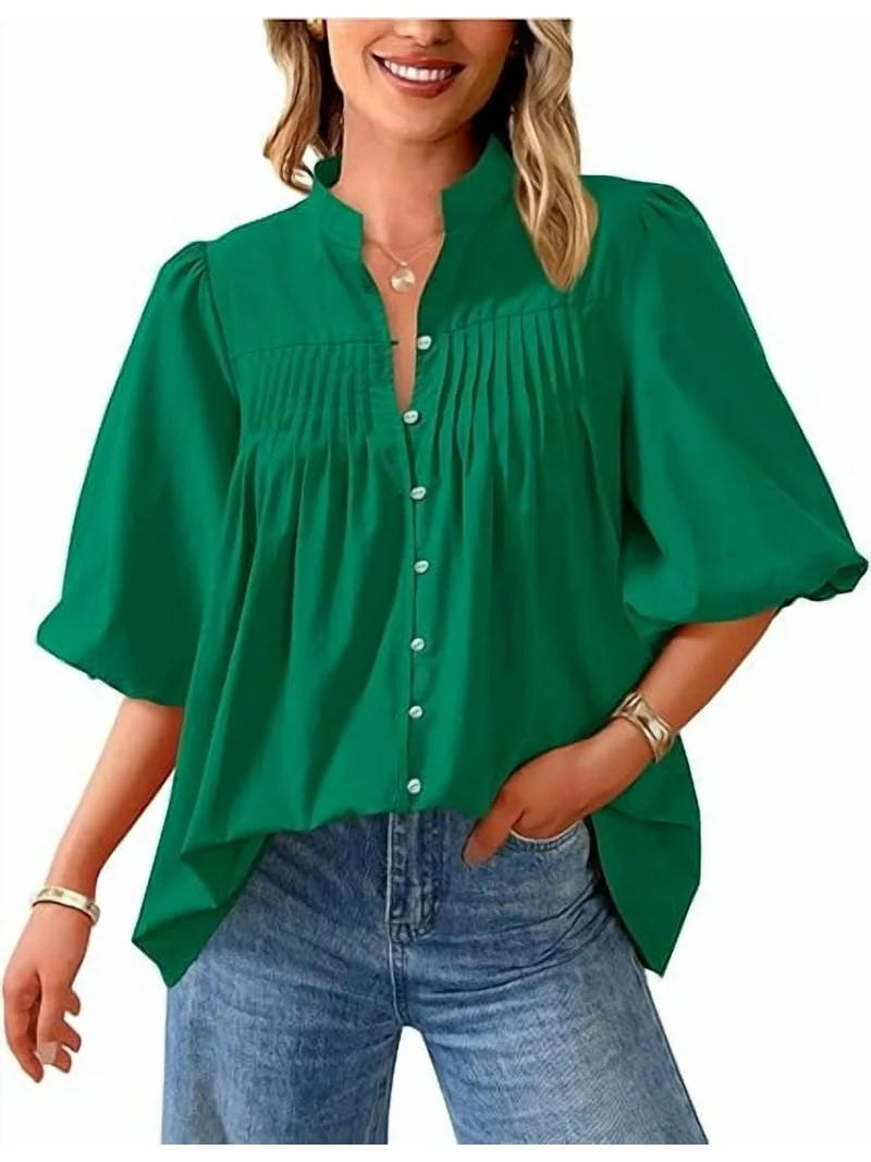 PRETTYGARDEN Women's Summer Short Lantern Sleeve Tops Loose Fit Button Down Shirt Casual Pleated ... | Walmart (US)