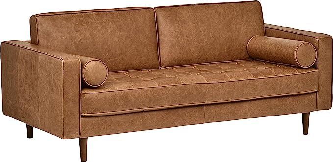 Amazon Brand – Rivet Aiden Tufted Mid-Century Modern Leather Loveseat Sofa, 74"W, Cognac | Amazon (US)
