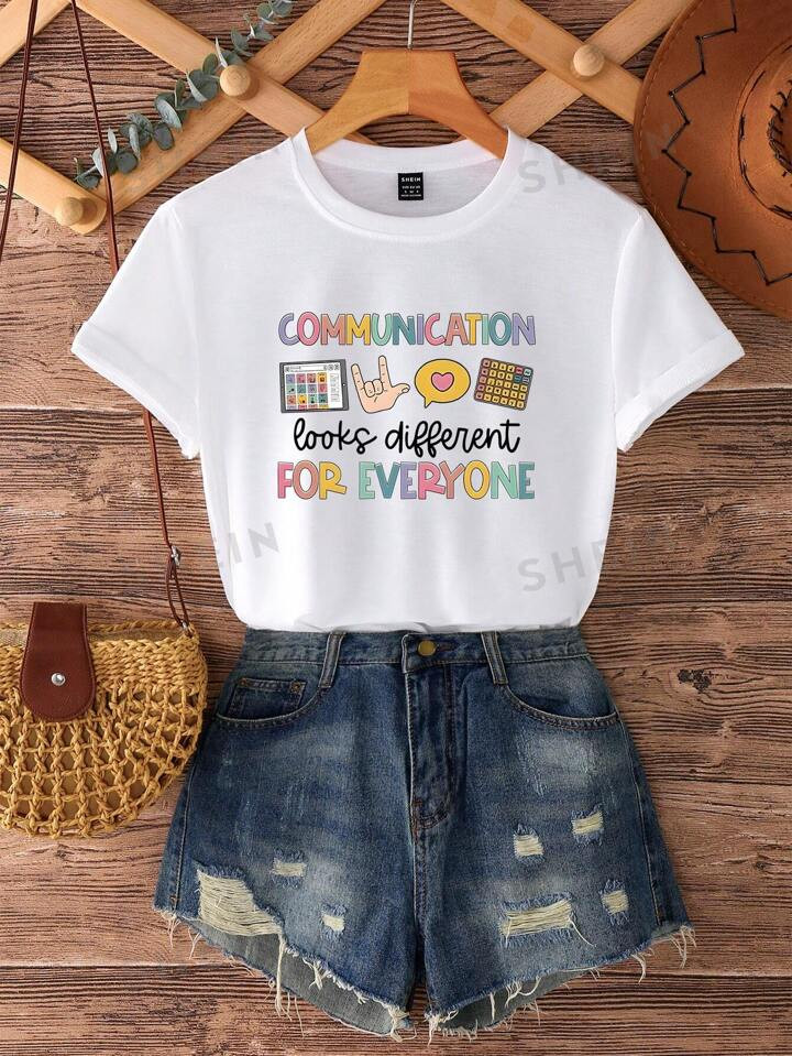 SHEIN LUNE Letter Printed Round Neck Summer Casual T-Shirt COMMUNICATION Looks Different FOR EVER... | SHEIN