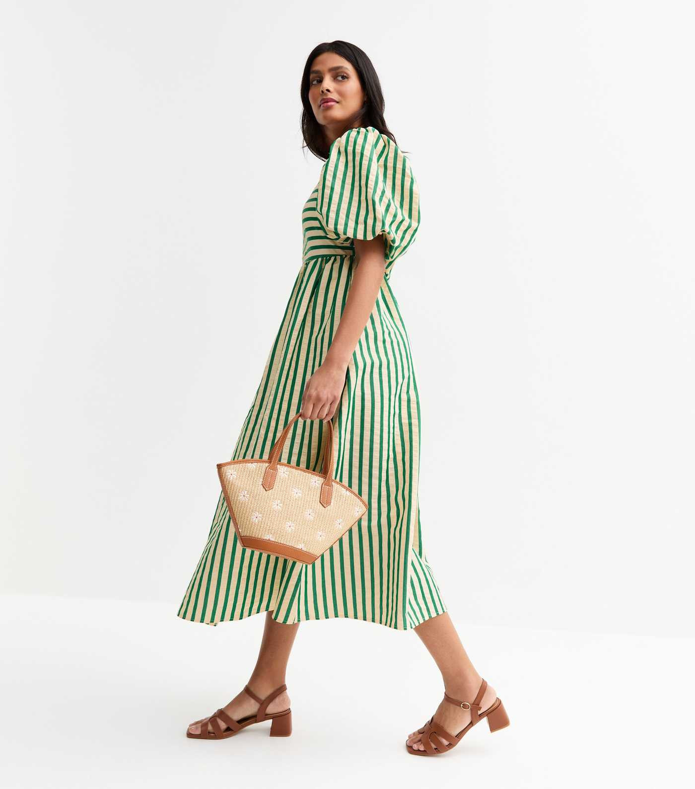Green Striped Puffed Sleeve Midi Dress | New Look | New Look (UK)