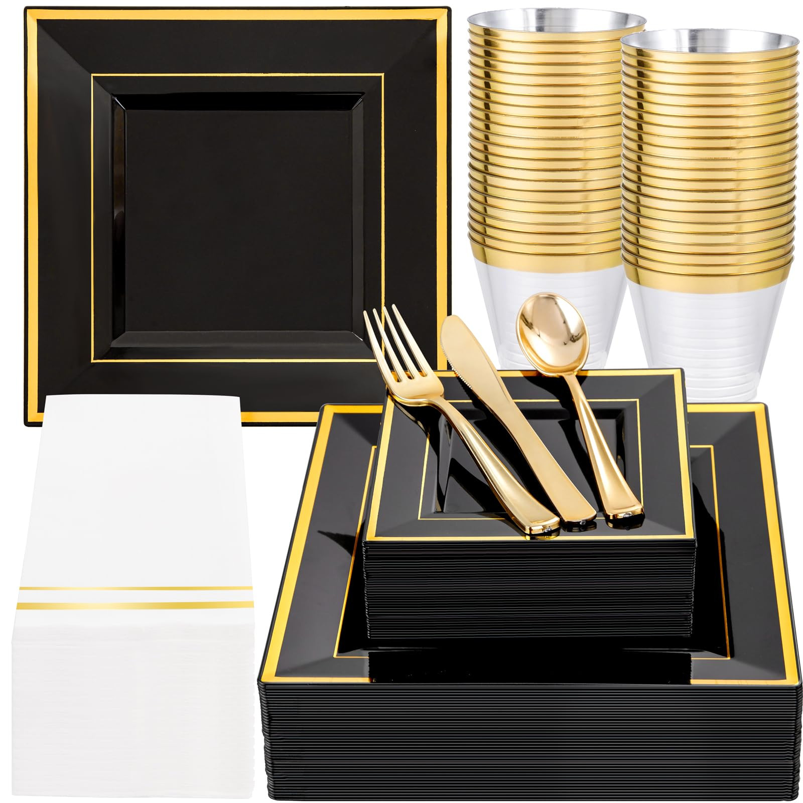 Festiva 350Pcs Black and Gold Plastic Plates-50Guests Disposable Square Black Dinnerware Set incl... | Amazon (US)
