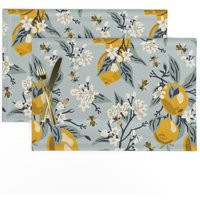 Lemon Placemats Set Of 2 - Floral Light Blue Botanical Vintage Style Fruit Cloth Bees & Lemons Large By Fernlesliestudio | Etsy (US)