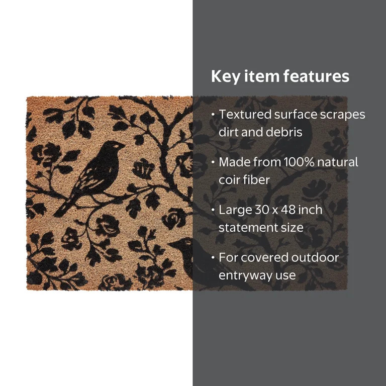 My Texas House Halloween Natural/Black Floral Bird Outdoor Coir Doormat, 30" x 48" | Walmart (US)