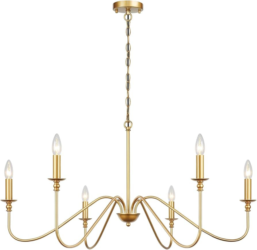 Gold Chandelier 6-Light Modern Brass Farmhouse Chandelier Wrought Iron Classic Candle Ceiling Pen... | Amazon (US)