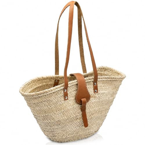FRENCH BASKET Straw Beach Tote Bag with Leather Handles, Canvas Pouch & Zip Closure, Moroccan Market Basket for Summer | Amazon (US)