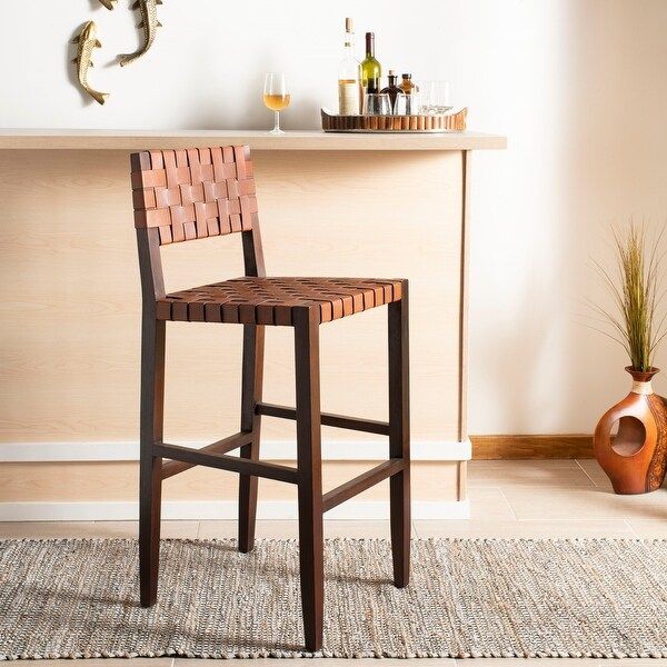 Safavieh 30.32 -inch Paxton Woven Leather Barstool - Cognac - 18" x 20" x 38" | Bed Bath & Beyond