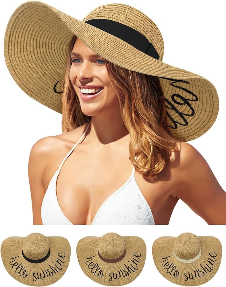 Floppy Beach Hats for Women, Foldable Wide Brim Sun Hat Embroidered Roll up Straw Hat - Vocation,... | Amazon (US)