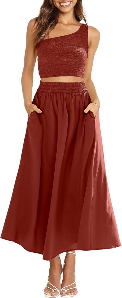 ANRABESS Women's 2 Pieces Outfits One Shoulder Smocked Crop Top & High Waist Long Skirt Dress Set... | Amazon (US)