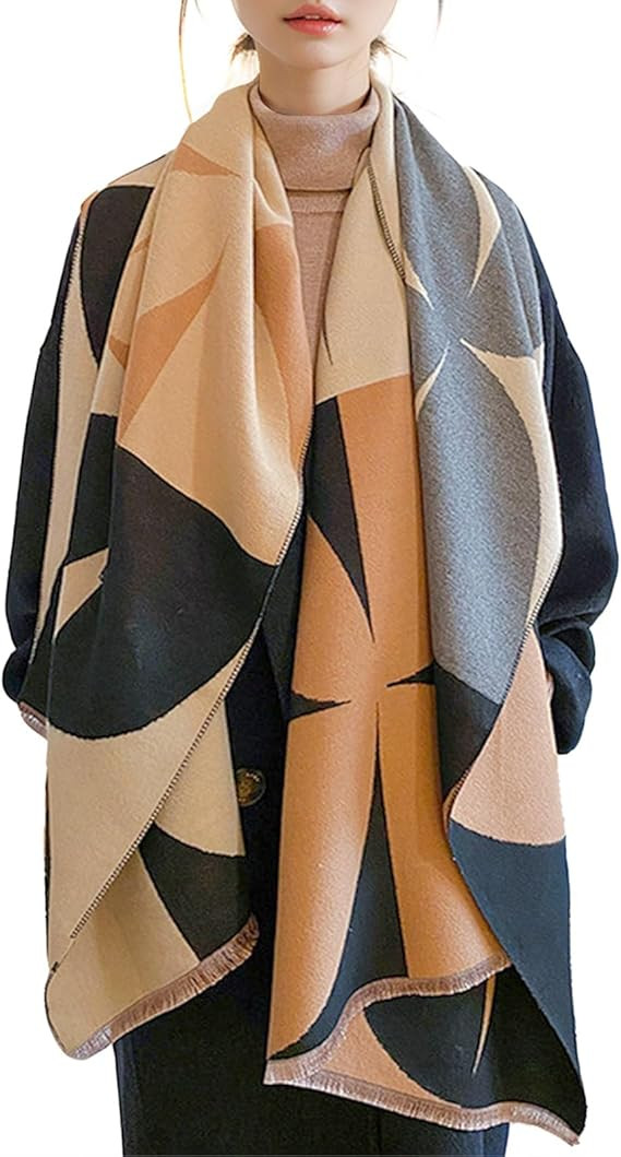 Winter Scarf Cashmere Shawl Color Block Geometric Pattern Pashmina Scarf With Tassel Long Neck Sc... | Amazon (US)