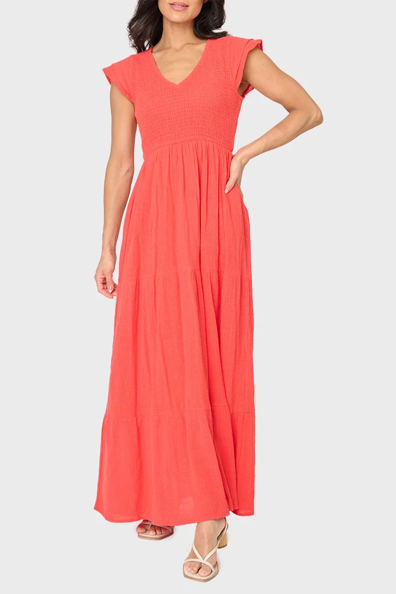 Flutter Sleeve Smocked V-Neck Tiered Maxi Dress | Gibson