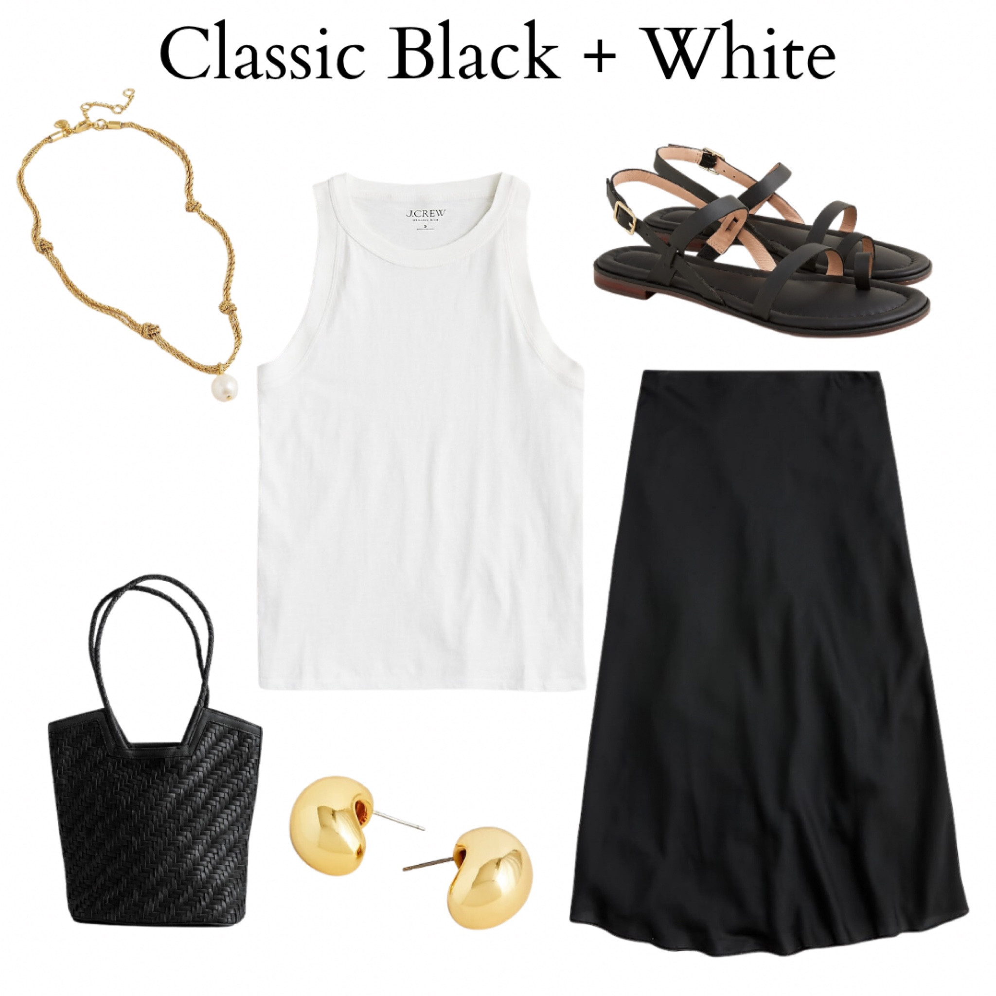 Classic black + white outfit 

J crew outfits
Satin skirt
White tank top 
Black sandals
Woven handbag 
Gold jewelry 
Summer outfit ideas
Summer Capsule wardrobe 
Skirt outfit 
Jcrew outfit 
Jcrew style 
Black and white outfits 
Summer essentials 
Classic outfits 

#LTKsalealert #LTKtravel #LTKstyletip