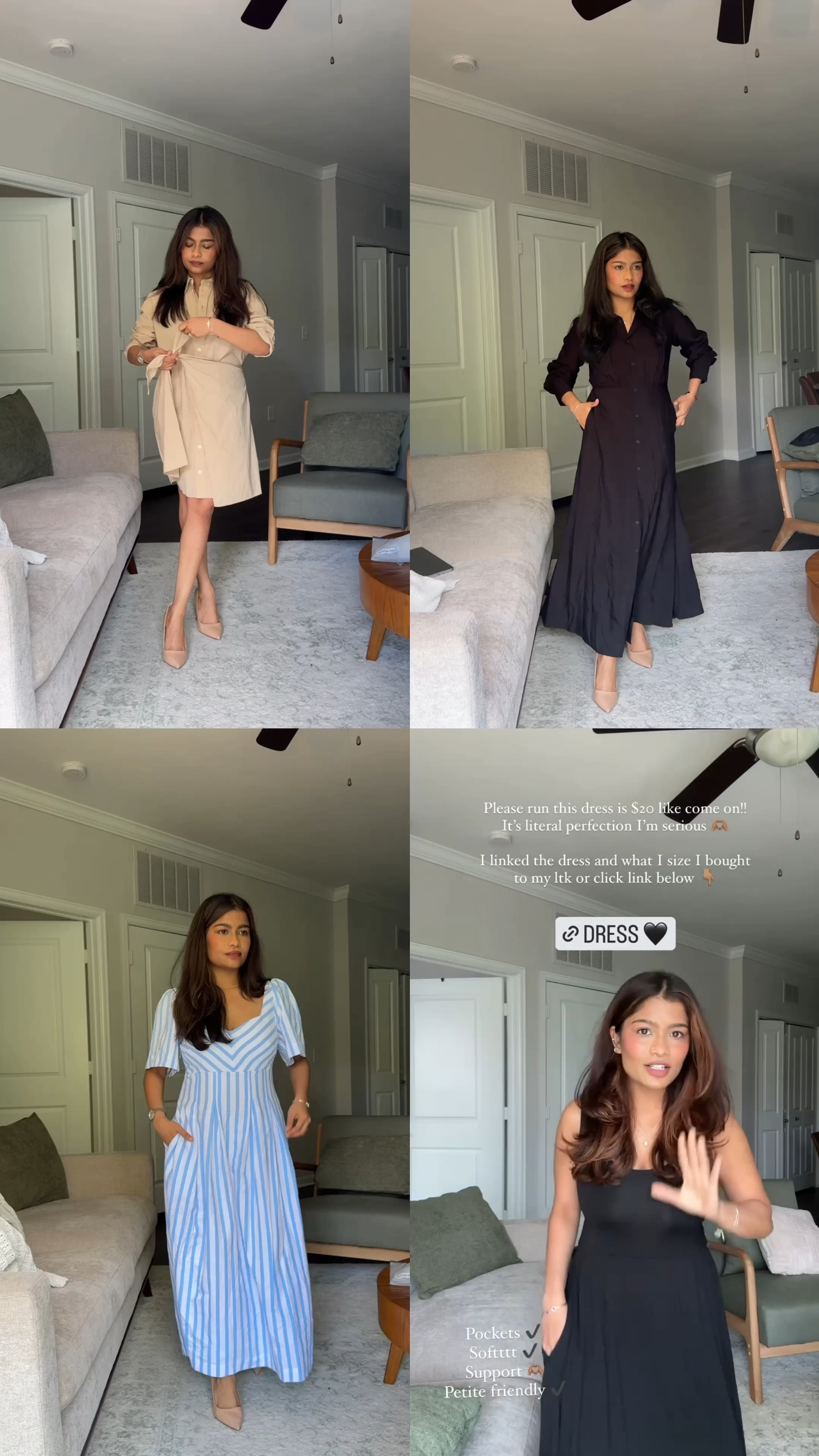 Target midi/long dresses that are on sale and petite friendly:
1. Tie-front tan shirt dress: Wearing a small (I usually wear smalls in target) but could size down to xs 
2. Black flowy and lightweight Long Sleeve Collared Midi Crepe Shirtdress—not long on petites (I’m 4’11” and can wear without heels). Front buttons/unbuttons all the way and there’s cinching around waist. The sleeves also have buttons to keep the wrist area fitter but can also be rolled up like a shirt if needed. 
Wearing small.

3. Sweetheart neckline blue and white short sleeve linen dress (comes with side zipper and back elastic). Wearing a small (I usually wear smalls in target) but could size down to xs 
4. Black versatile jersey material everyday summer dress: petite friendly and very soft. Comes with side slit and pockets. No bra required with it. Wearing xs. 



#target #mididress #targetcircle

#LTKFindsUnder50 #LTKVideo #LTKSaleAlert