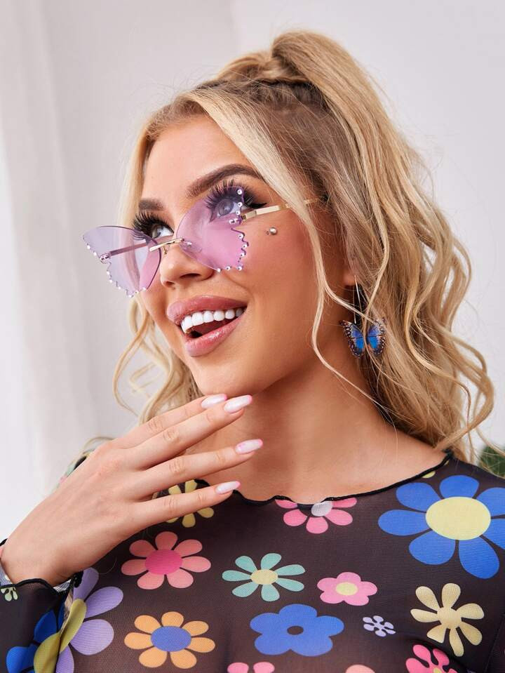 SHEIN ICON Rhinestone Butterfly Shaped Lens Fashion Glasses | SHEIN