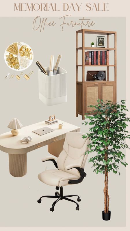 Office decor. Memorial Day sale. Wayfair sale. Neutral home furniture. Indoor plants. Bookshelf. Office table. Office chair 

#LTKHome #LTKSaleAlert