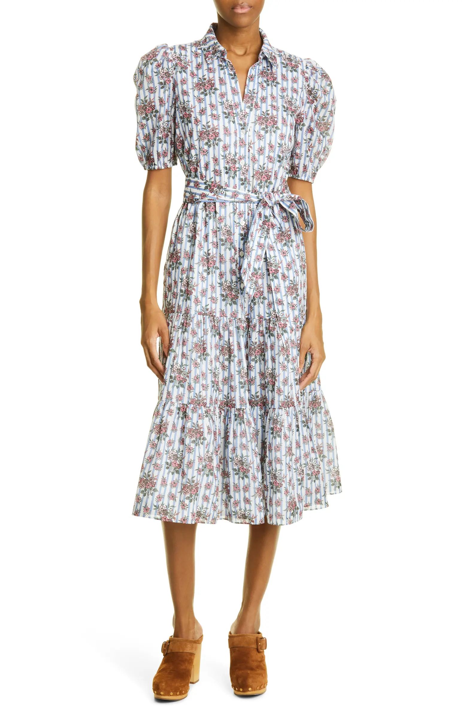 Veronica Beard Eunice Floral & Stripe Puff Sleeve Cotton Shirtdress | Nordstrom | Nordstrom