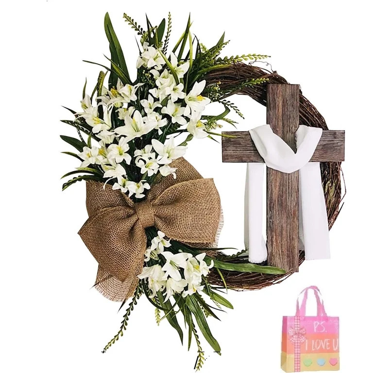 White Easter Cross Wreath with Burlap Bow - Wooden Jesus Hanger Spring Front Door Decor for Farmh... | Walmart (US)