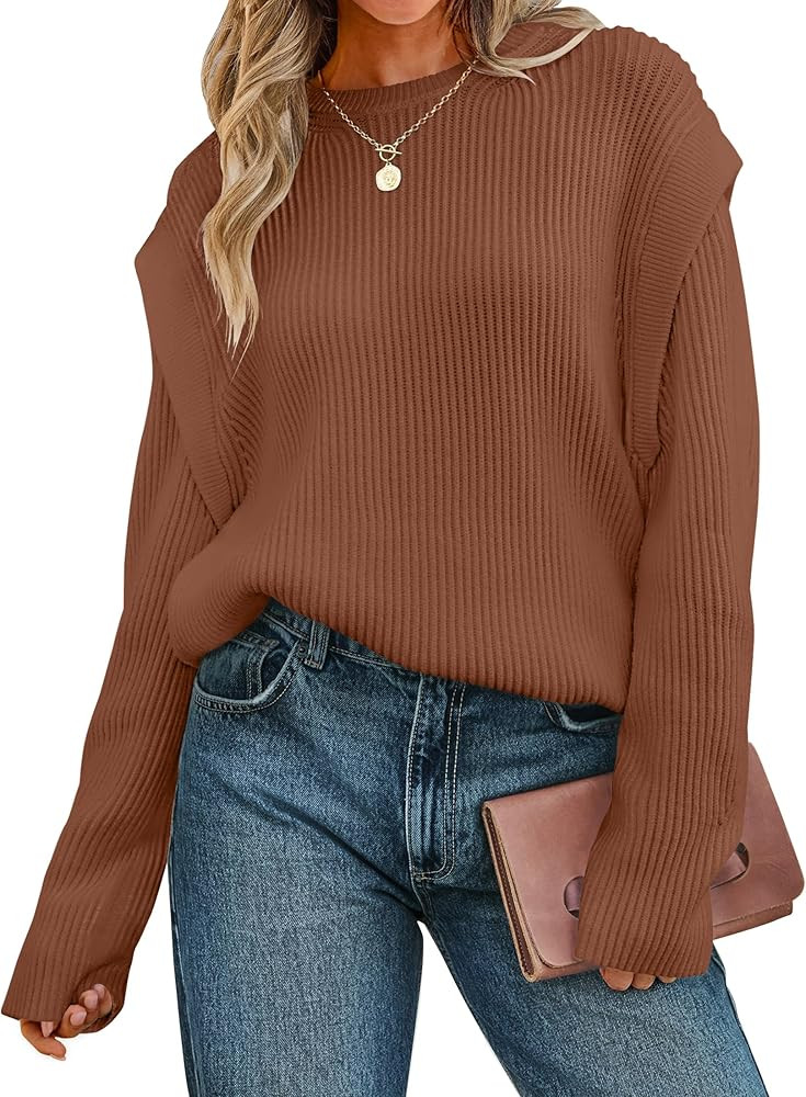 ZESICA Womens Oversized Long Sleeve Crew Neck Sweaters Ribbed Knit Tops 2024 Casual Fall Pullover... | Amazon (US)