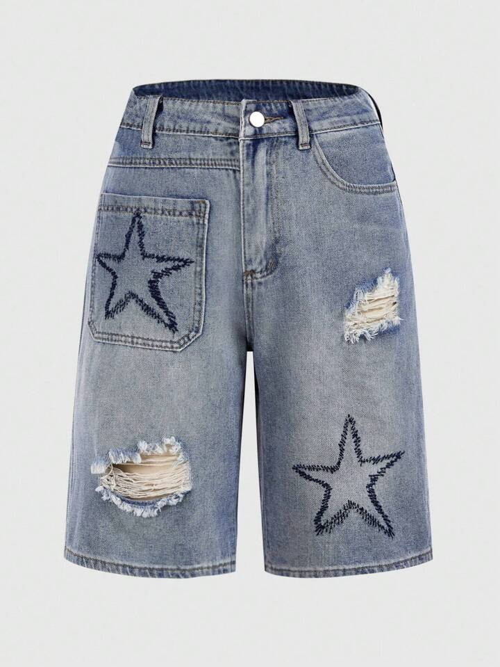 Grunge Punk Star Print Ripped Denim Shorts | SHEIN