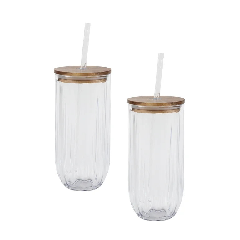 Better Homes & Gardens 2-Piece Clear Ribbed Tritan Sipper Tumbler Set with Acacia Wood Lids and S... | Walmart (US)
