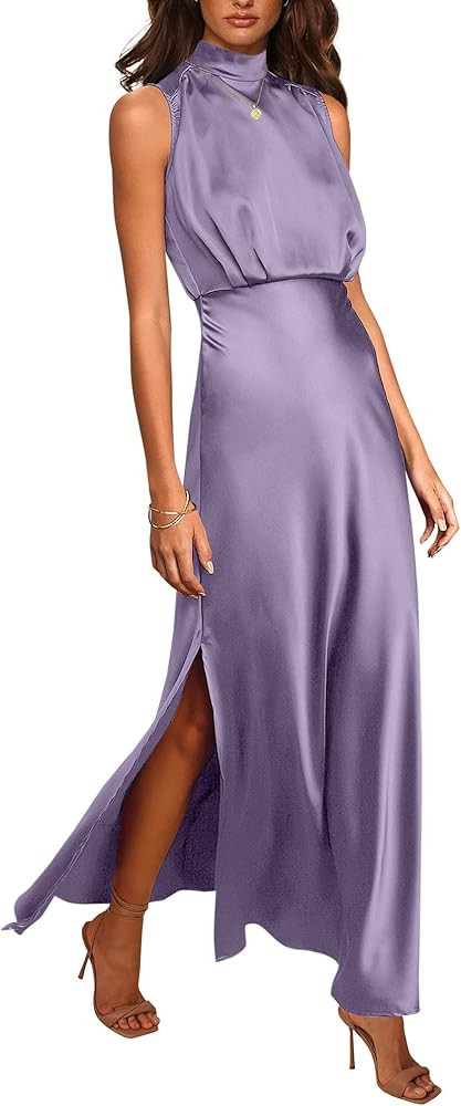 BTFBM Women Sleeveless Mock Neck Cocktail Dresses Keyhole Elastic Waist Party Wedding Guest Satin... | Amazon (US)