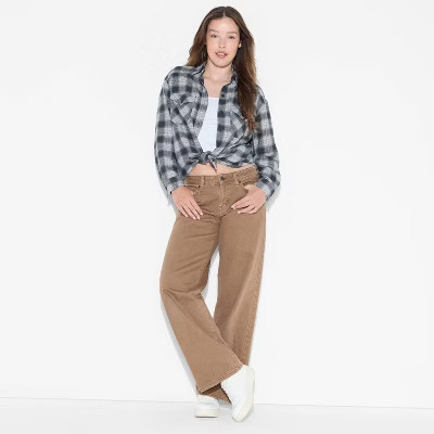 Women's Oversized Long Sleeve Collared Flannel Shirt - Wild Fable™ Black Plaid L | Target