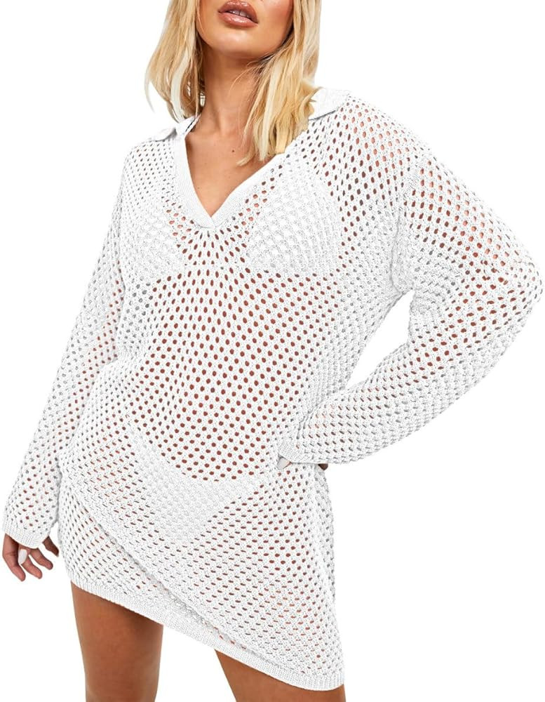 Pink Queen Crochet Swimsuit Cover Up for Women 2024 Sexy Hollow Out Bikini Bathing Suit Coverup K... | Amazon (US)