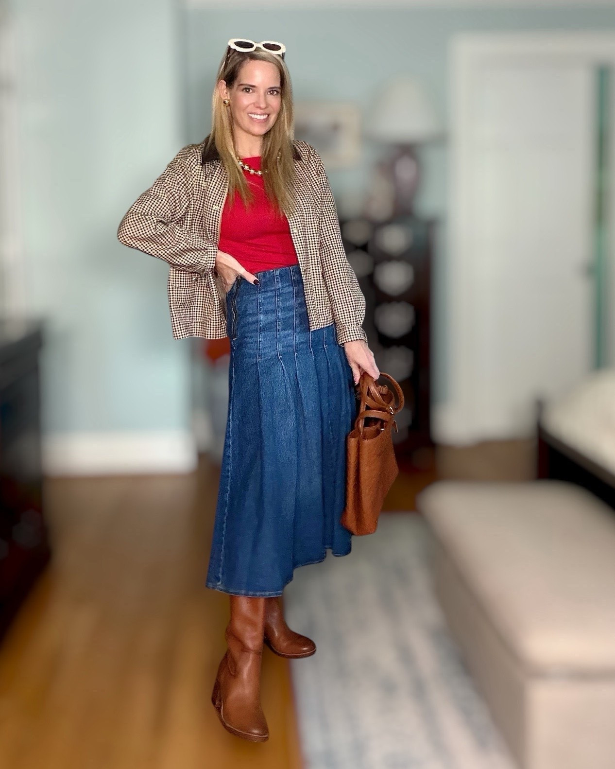 🍂 Fall Layers & Denim Midi Skirt

The perfect fall transition outfit 🍁🤎 This denim midi skirt is such a versatile staple, paired with a classic red top and a cute checked field jacket for an easy, polished look. Add tall brown boots, a woven-look handbag, gold jewelry, and statement sunglasses for that effortless preppy vibe. ✨👢👜

I love how these pieces can easily be mixed and matched all season long! 🍂

Fall transition outfit, women’s fall fashion, denim midi skirt outfit, checked jacket, field jacket outfit, red top outfit, brown knee high boots, preppy fall style, classic women’s fashion, elevated casual outfit, fall wardrobe essentials, fall outfit ideas for women over 40.

#LTKOver40 #LTKootd #LTKWorkwear