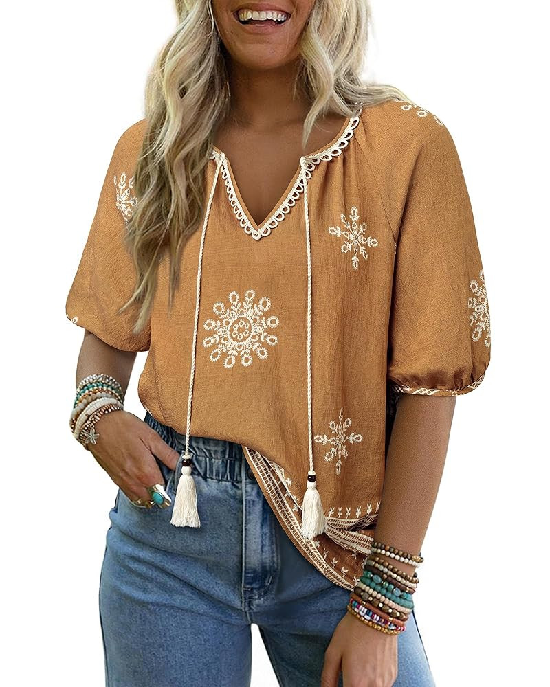 Vivilli Womens Summer Boho Tops Casual V Neck Short Sleeve Blouses Floral Print Shirt Tie Front F... | Amazon (US)